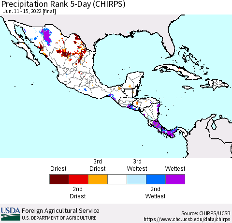 Mexico Central America and the Caribbean Precipitation Rank since 1981, 5-Day (CHIRPS) Thematic Map For 6/11/2022 - 6/15/2022