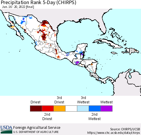 Mexico Central America and the Caribbean Precipitation Rank since 1981, 5-Day (CHIRPS) Thematic Map For 6/16/2022 - 6/20/2022