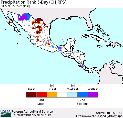 Mexico Central America and the Caribbean Precipitation Rank since 1981, 5-Day (CHIRPS) Thematic Map For 6/21/2022 - 6/25/2022