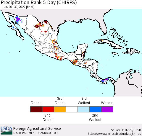 Mexico Central America and the Caribbean Precipitation Rank since 1981, 5-Day (CHIRPS) Thematic Map For 6/26/2022 - 6/30/2022