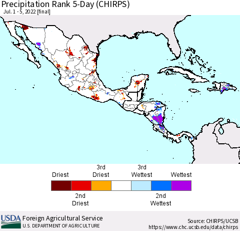 Mexico Central America and the Caribbean Precipitation Rank since 1981, 5-Day (CHIRPS) Thematic Map For 7/1/2022 - 7/5/2022