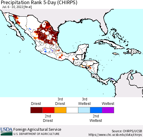 Mexico Central America and the Caribbean Precipitation Rank since 1981, 5-Day (CHIRPS) Thematic Map For 7/6/2022 - 7/10/2022
