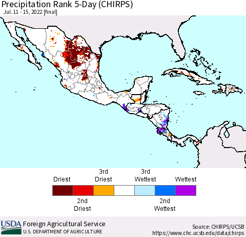 Mexico Central America and the Caribbean Precipitation Rank since 1981, 5-Day (CHIRPS) Thematic Map For 7/11/2022 - 7/15/2022