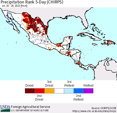 Mexico Central America and the Caribbean Precipitation Rank since 1981, 5-Day (CHIRPS) Thematic Map For 7/16/2022 - 7/20/2022