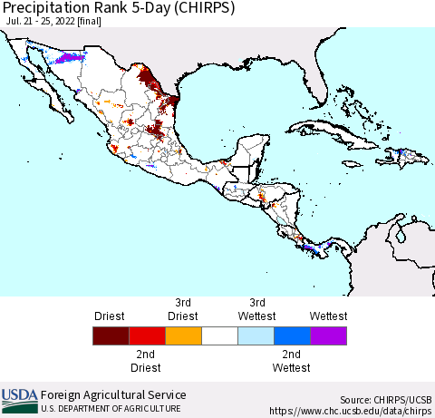 Mexico Central America and the Caribbean Precipitation Rank since 1981, 5-Day (CHIRPS) Thematic Map For 7/21/2022 - 7/25/2022