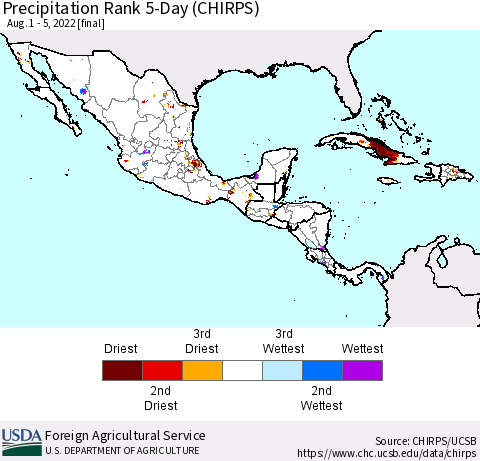 Mexico Central America and the Caribbean Precipitation Rank since 1981, 5-Day (CHIRPS) Thematic Map For 8/1/2022 - 8/5/2022