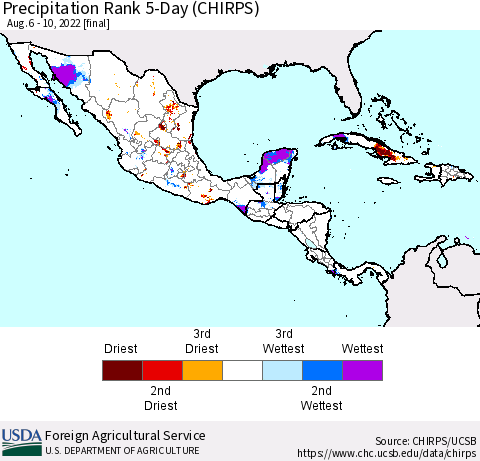 Mexico Central America and the Caribbean Precipitation Rank since 1981, 5-Day (CHIRPS) Thematic Map For 8/6/2022 - 8/10/2022