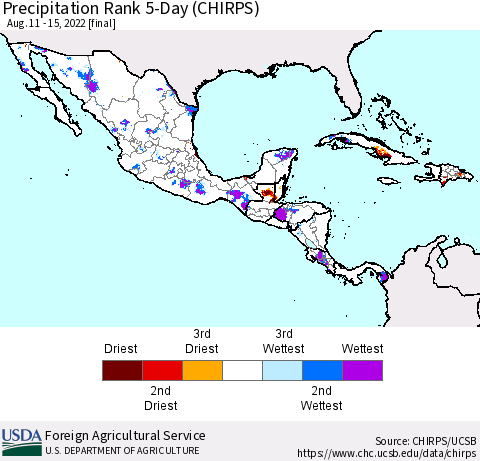Mexico Central America and the Caribbean Precipitation Rank since 1981, 5-Day (CHIRPS) Thematic Map For 8/11/2022 - 8/15/2022