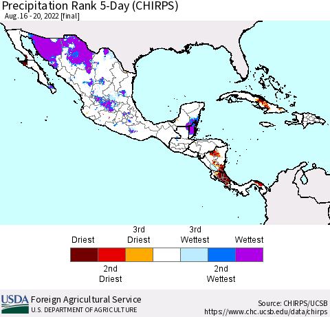 Mexico Central America and the Caribbean Precipitation Rank since 1981, 5-Day (CHIRPS) Thematic Map For 8/16/2022 - 8/20/2022