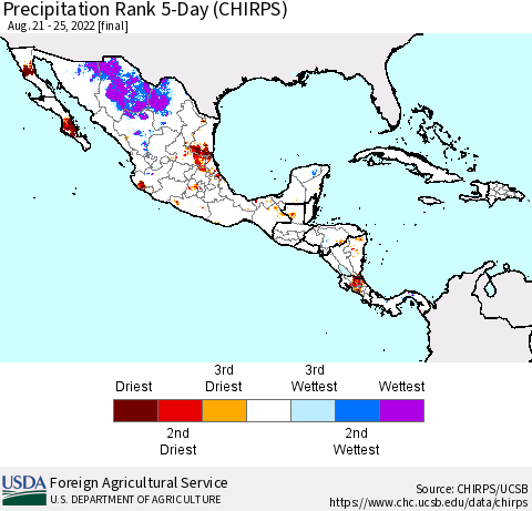 Mexico Central America and the Caribbean Precipitation Rank since 1981, 5-Day (CHIRPS) Thematic Map For 8/21/2022 - 8/25/2022