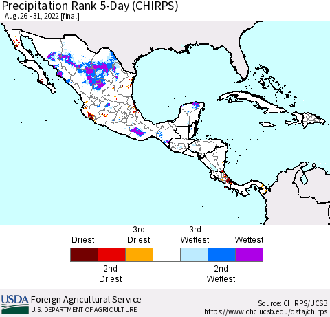 Mexico Central America and the Caribbean Precipitation Rank since 1981, 5-Day (CHIRPS) Thematic Map For 8/26/2022 - 8/31/2022