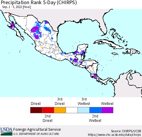 Mexico Central America and the Caribbean Precipitation Rank since 1981, 5-Day (CHIRPS) Thematic Map For 9/1/2022 - 9/5/2022