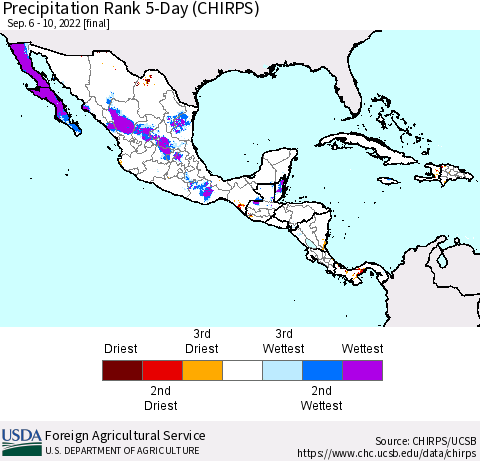 Mexico Central America and the Caribbean Precipitation Rank since 1981, 5-Day (CHIRPS) Thematic Map For 9/6/2022 - 9/10/2022