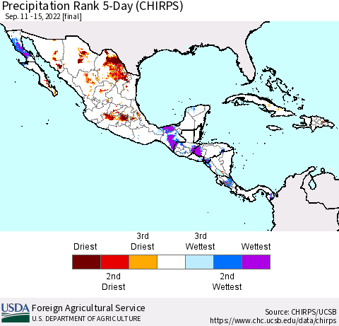 Mexico Central America and the Caribbean Precipitation Rank since 1981, 5-Day (CHIRPS) Thematic Map For 9/11/2022 - 9/15/2022