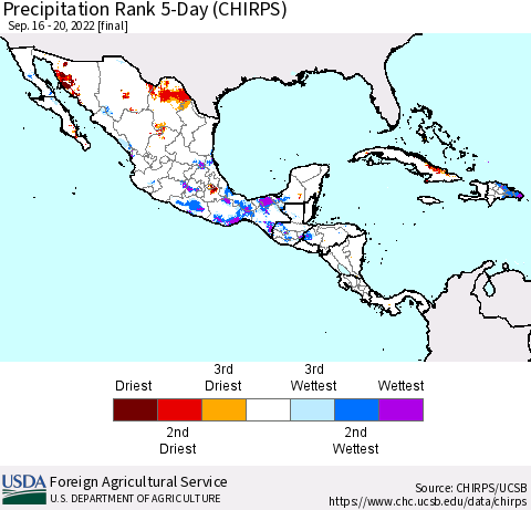 Mexico Central America and the Caribbean Precipitation Rank since 1981, 5-Day (CHIRPS) Thematic Map For 9/16/2022 - 9/20/2022