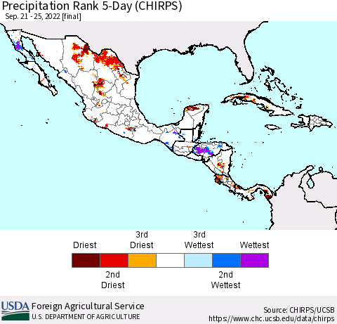 Mexico Central America and the Caribbean Precipitation Rank since 1981, 5-Day (CHIRPS) Thematic Map For 9/21/2022 - 9/25/2022