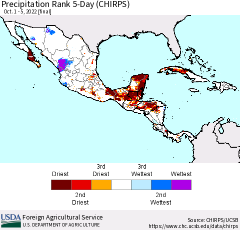 Mexico Central America and the Caribbean Precipitation Rank since 1981, 5-Day (CHIRPS) Thematic Map For 10/1/2022 - 10/5/2022