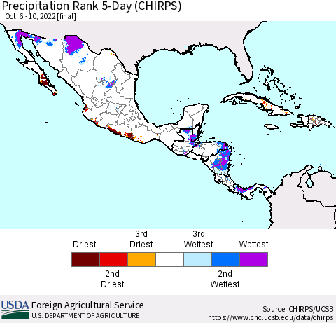 Mexico Central America and the Caribbean Precipitation Rank since 1981, 5-Day (CHIRPS) Thematic Map For 10/6/2022 - 10/10/2022