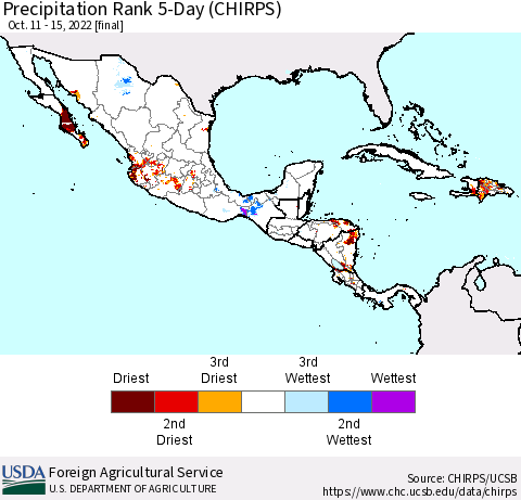 Mexico Central America and the Caribbean Precipitation Rank since 1981, 5-Day (CHIRPS) Thematic Map For 10/11/2022 - 10/15/2022