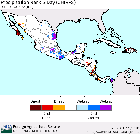 Mexico Central America and the Caribbean Precipitation Rank since 1981, 5-Day (CHIRPS) Thematic Map For 10/16/2022 - 10/20/2022