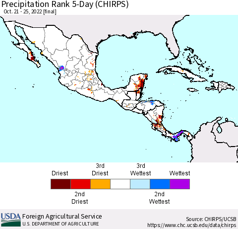 Mexico Central America and the Caribbean Precipitation Rank since 1981, 5-Day (CHIRPS) Thematic Map For 10/21/2022 - 10/25/2022