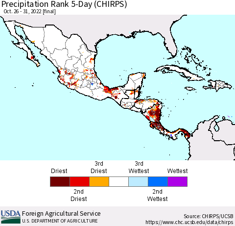 Mexico Central America and the Caribbean Precipitation Rank since 1981, 5-Day (CHIRPS) Thematic Map For 10/26/2022 - 10/31/2022