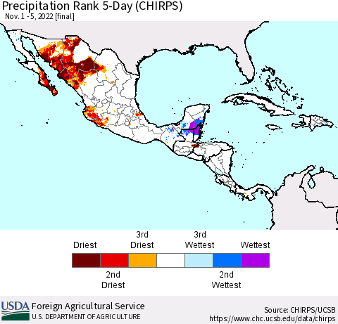 Mexico Central America and the Caribbean Precipitation Rank since 1981, 5-Day (CHIRPS) Thematic Map For 11/1/2022 - 11/5/2022