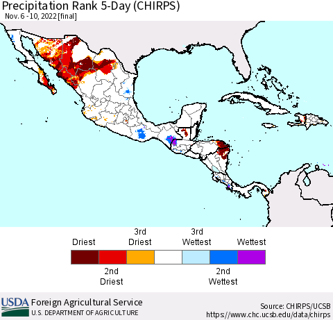 Mexico Central America and the Caribbean Precipitation Rank since 1981, 5-Day (CHIRPS) Thematic Map For 11/6/2022 - 11/10/2022