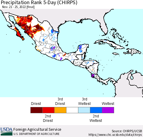 Mexico Central America and the Caribbean Precipitation Rank since 1981, 5-Day (CHIRPS) Thematic Map For 11/21/2022 - 11/25/2022