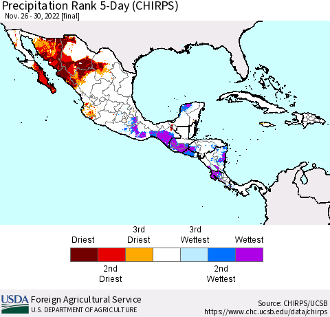 Mexico Central America and the Caribbean Precipitation Rank since 1981, 5-Day (CHIRPS) Thematic Map For 11/26/2022 - 11/30/2022