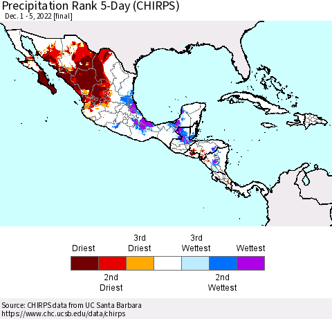Mexico Central America and the Caribbean Precipitation Rank since 1981, 5-Day (CHIRPS) Thematic Map For 12/1/2022 - 12/5/2022