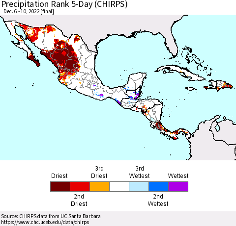 Mexico Central America and the Caribbean Precipitation Rank since 1981, 5-Day (CHIRPS) Thematic Map For 12/6/2022 - 12/10/2022