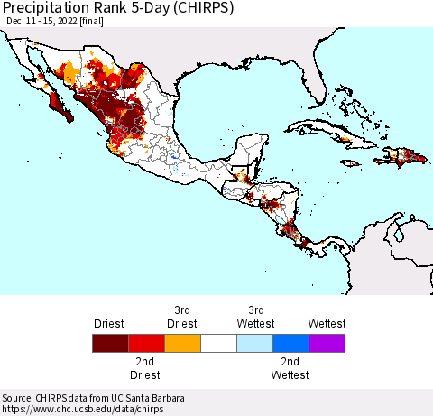 Mexico Central America and the Caribbean Precipitation Rank since 1981, 5-Day (CHIRPS) Thematic Map For 12/11/2022 - 12/15/2022