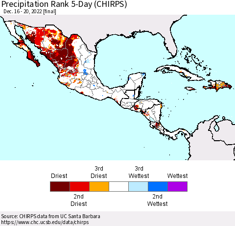 Mexico Central America and the Caribbean Precipitation Rank since 1981, 5-Day (CHIRPS) Thematic Map For 12/16/2022 - 12/20/2022