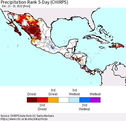 Mexico Central America and the Caribbean Precipitation Rank since 1981, 5-Day (CHIRPS) Thematic Map For 12/21/2022 - 12/25/2022