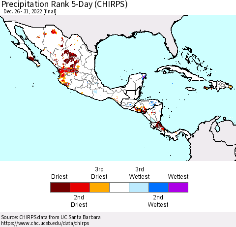 Mexico Central America and the Caribbean Precipitation Rank since 1981, 5-Day (CHIRPS) Thematic Map For 12/26/2022 - 12/31/2022