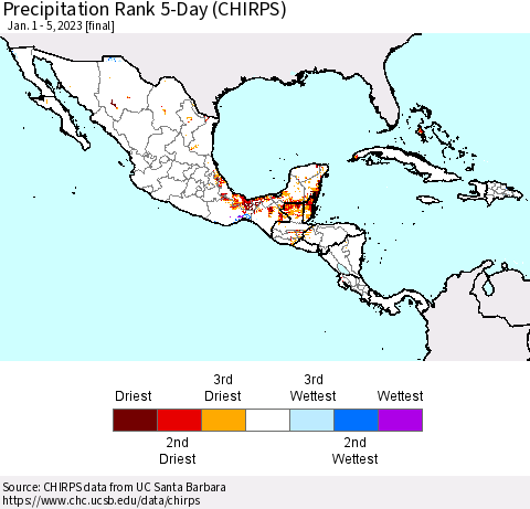 Mexico Central America and the Caribbean Precipitation Rank since 1981, 5-Day (CHIRPS) Thematic Map For 1/1/2023 - 1/5/2023