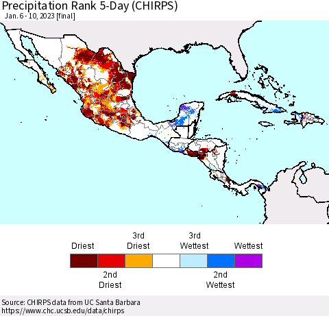 Mexico Central America and the Caribbean Precipitation Rank since 1981, 5-Day (CHIRPS) Thematic Map For 1/6/2023 - 1/10/2023