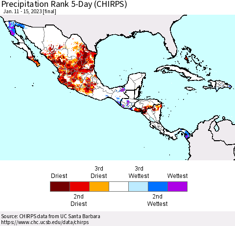 Mexico Central America and the Caribbean Precipitation Rank since 1981, 5-Day (CHIRPS) Thematic Map For 1/11/2023 - 1/15/2023