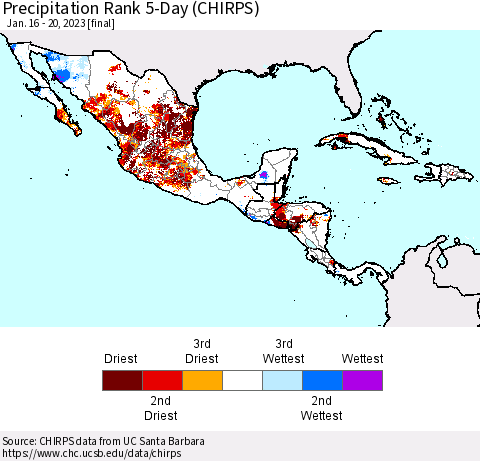 Mexico Central America and the Caribbean Precipitation Rank since 1981, 5-Day (CHIRPS) Thematic Map For 1/16/2023 - 1/20/2023