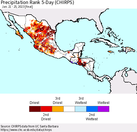Mexico Central America and the Caribbean Precipitation Rank since 1981, 5-Day (CHIRPS) Thematic Map For 1/21/2023 - 1/25/2023