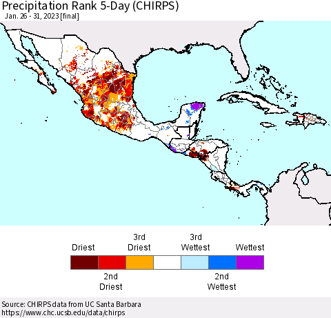 Mexico Central America and the Caribbean Precipitation Rank since 1981, 5-Day (CHIRPS) Thematic Map For 1/26/2023 - 1/31/2023