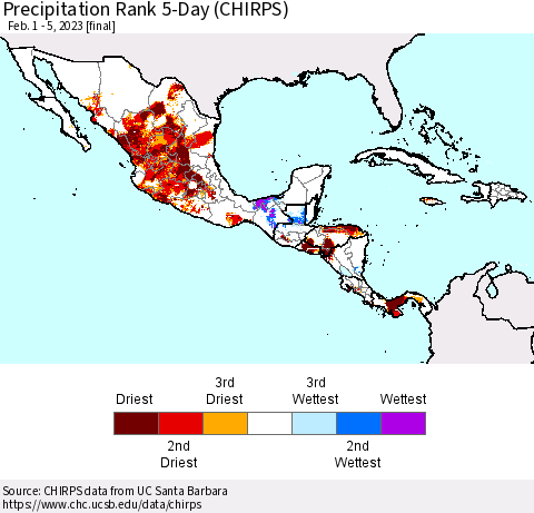 Mexico Central America and the Caribbean Precipitation Rank since 1981, 5-Day (CHIRPS) Thematic Map For 2/1/2023 - 2/5/2023
