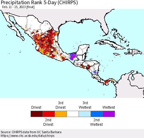 Mexico Central America and the Caribbean Precipitation Rank since 1981, 5-Day (CHIRPS) Thematic Map For 2/11/2023 - 2/15/2023