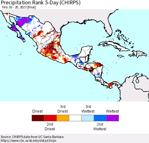 Mexico Central America and the Caribbean Precipitation Rank since 1981, 5-Day (CHIRPS) Thematic Map For 2/16/2023 - 2/20/2023