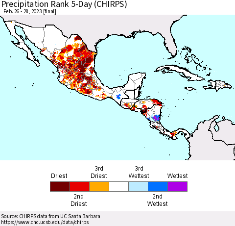Mexico Central America and the Caribbean Precipitation Rank since 1981, 5-Day (CHIRPS) Thematic Map For 2/26/2023 - 2/28/2023
