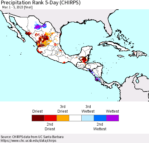 Mexico Central America and the Caribbean Precipitation Rank since 1981, 5-Day (CHIRPS) Thematic Map For 3/1/2023 - 3/5/2023