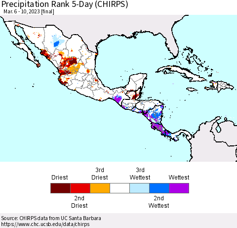 Mexico Central America and the Caribbean Precipitation Rank since 1981, 5-Day (CHIRPS) Thematic Map For 3/6/2023 - 3/10/2023