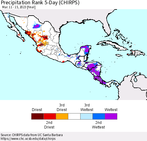 Mexico Central America and the Caribbean Precipitation Rank since 1981, 5-Day (CHIRPS) Thematic Map For 3/11/2023 - 3/15/2023