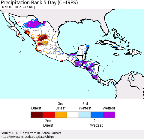 Mexico Central America and the Caribbean Precipitation Rank since 1981, 5-Day (CHIRPS) Thematic Map For 3/16/2023 - 3/20/2023